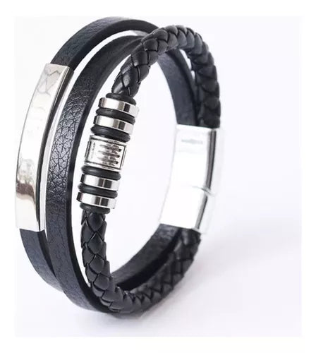 Pulseira Bracelete de Couro Trançado e Aço